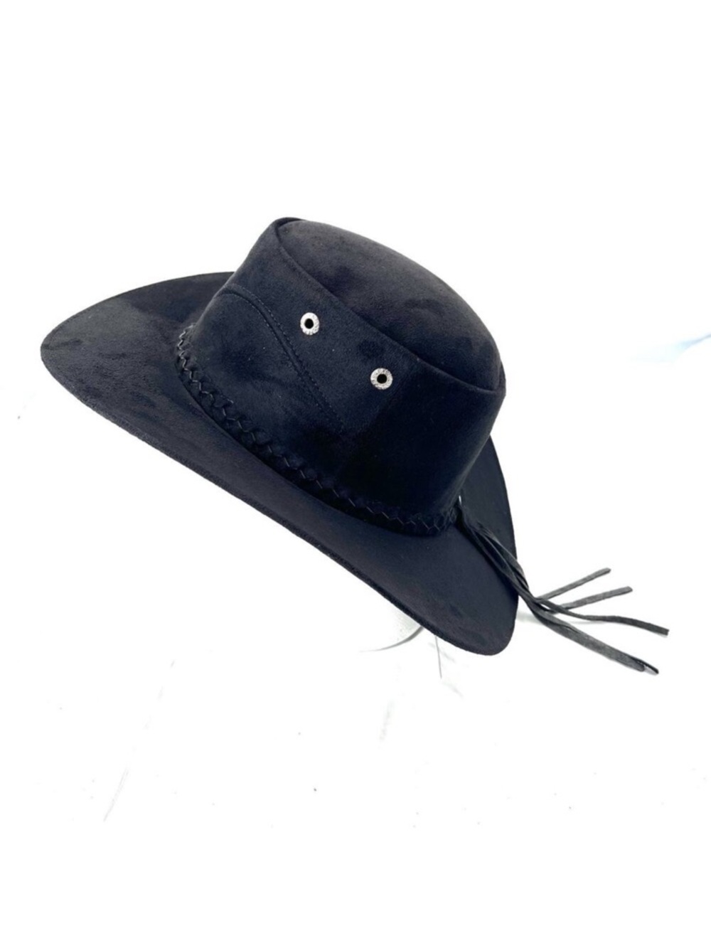 Vintage Black Suede Leather Braided & Back Tassel Cowboy Hat Size 4 1/2